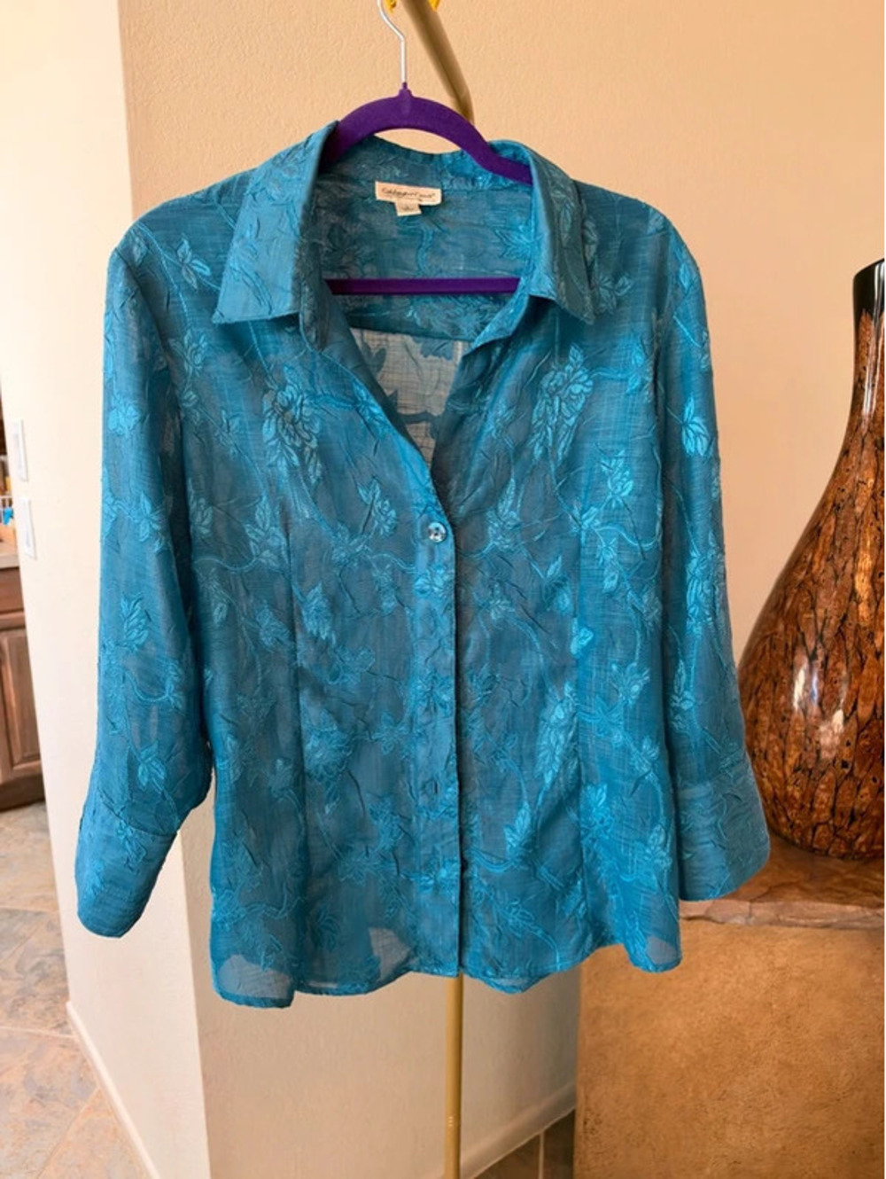Coldwater Creek Sheer Floral Button Down Top Ocean Blue Large